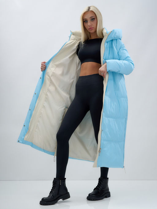 Пальто утепленное стеганное зимнее с капюшоном женское голубого цвета 9625Gl - Mtforce фото 16