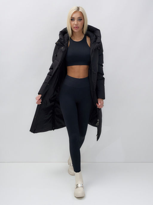 Пальто утепленное стеганное зимнее с капюшоном женское черного цвета 9628Ch - Mtforce фото 15