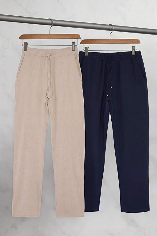Lacivert-Bej _kili Paket %100 Pamuk Keten Straight Fit Erkek Pantolon TMNSS26PL00041