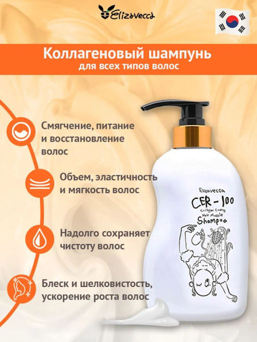 ELIZAVECCA - ШАМПУНЬ ДЛЯ ВОЛОС С КОЛЛАГЕНОМ CER - 100 COLLAGEN COATING HAIR MUSCLE SHAMPOO, 500 МЛ.  фото 2
