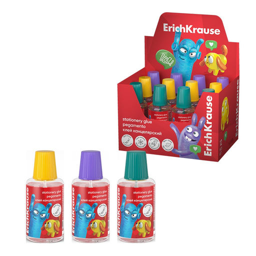 Цена за 2 шт. Клей канцелярский "ErichKrause Jolly Friends" 20 мл., с кисточкой (61287)