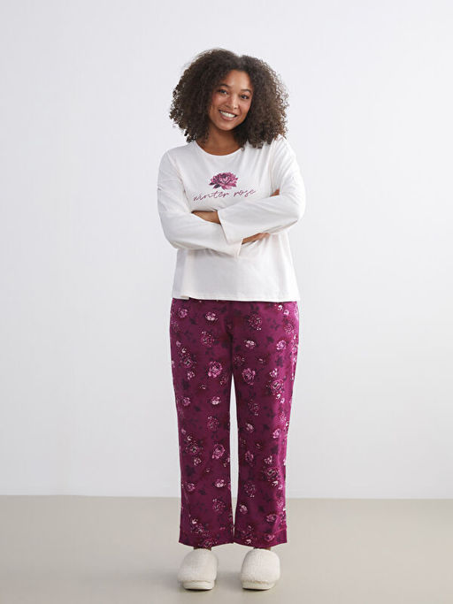 Bisiklet Yaka ?i?ekli Kad?n Pijama Tak?m?