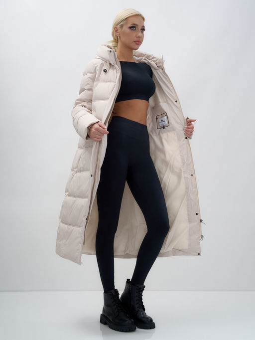 Пальто утепленное стеганное зимнее с капюшоном женское бежевого цвета 9627B - Mtforce фото 15