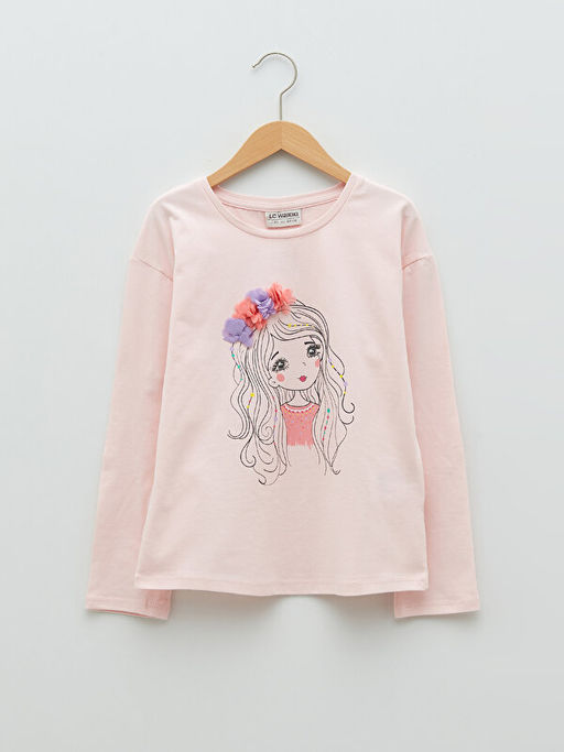 Bisiklet Yaka Bask?l? Uzun Kollu Pamuklu K?z ?ocuk Ti??rt