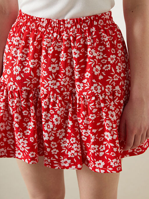 Beli Lastikli ?i?ekli Kad?n ?ortlu Etek