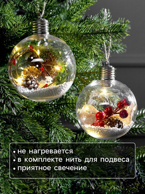 Набор ёлочных шаров «Ветка ели и ягоды», 2 шт., d=10 см, 5 LED, от батареек, свечение тёплое белое