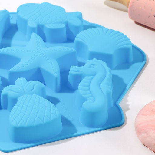 Форма для выпечки Доляна «Морские обитатели», силикон, 26×24×2.5 см, 7 ячеек, бирюзовая