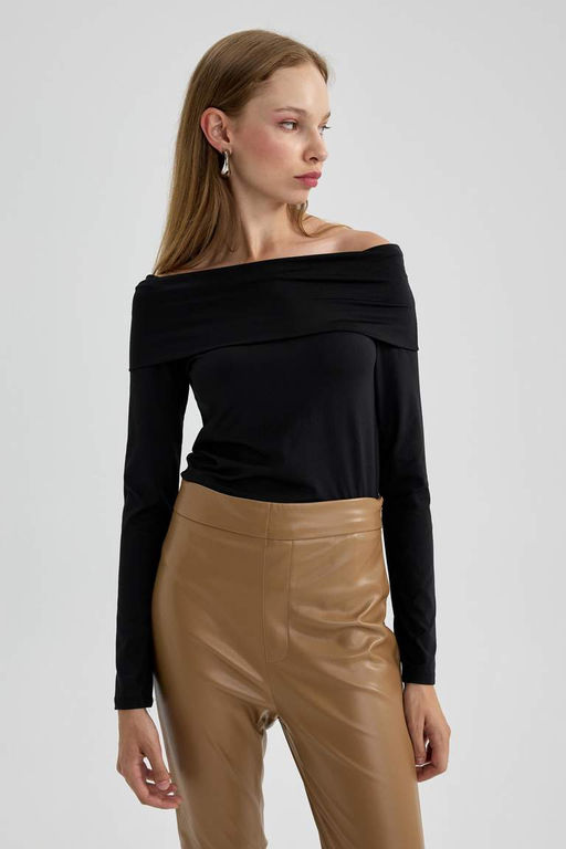 Приталенная футболка с открытыми плечами и длинными рукавами - Defacto фото 6