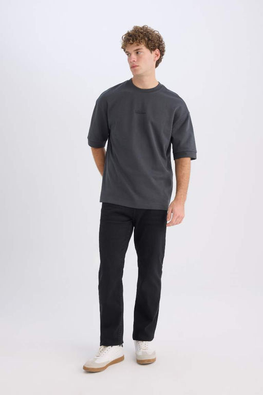 Loose Fit Bisiklet Yaka Bask?l? Ag?r Kumas K?sa Kollu Tisort - Defacto фото 4