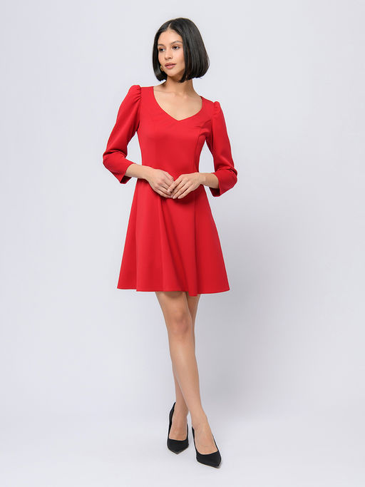 Платье красного цвета длины мини с рукавами 3/4 и v-образным вырезом - 1001dress фото 2