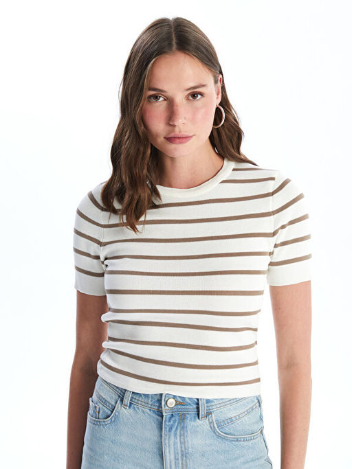 Bisiklet Yaka ?izgili K?sa Kollu Kad?n Triko Kazak - Waikiki фото 2