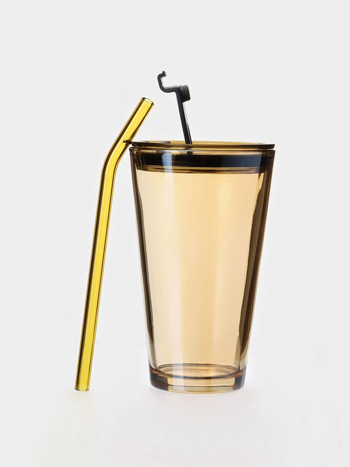 Стакан Доляна «Хеппи», 500 мл, 9×18.5 см, с крышкой и трубочкой, стекло, жёлтый