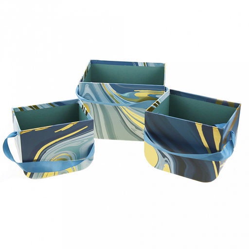 Коробка подарочная для цветов набор 3 штуки: 12,5х9х10см; 14х11х11,5см; 16,5х12х12,5см "Акварель" синие тона, с золотом, с ручкой (Китай)