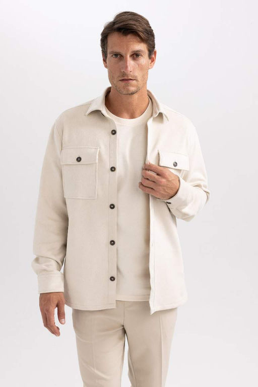 Замшевая куртка-рубашка стандартного кроя с воротником-поло и длинными рукавами - Defacto фото 6