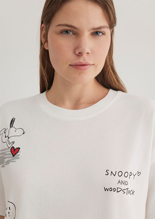 Snoopy Bask?l? Ekru Tisort - Mavi фото 7