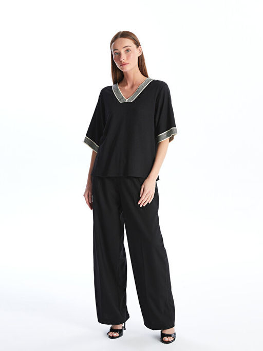 V Yaka ?erit Detayl? Oversize Kad?n Bluz