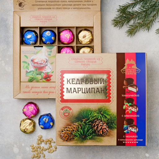 Кедровый марципан ассорти (классический, с земляникой, с черникой) коробка 120гБОНУС (травяной чай в подарок)