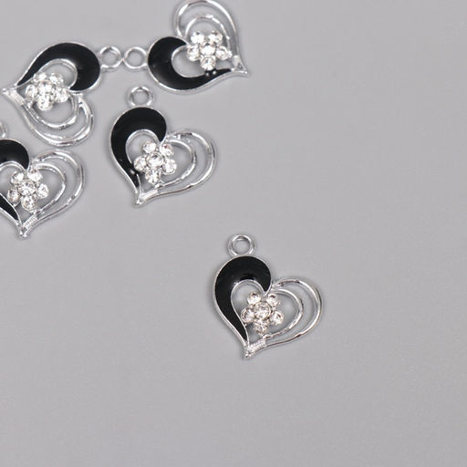 Цена за 5 шт. Декор для творчества металл, стразы «Сердце с цветочком», серебро, чёрный, 2×1.7×0.3 см