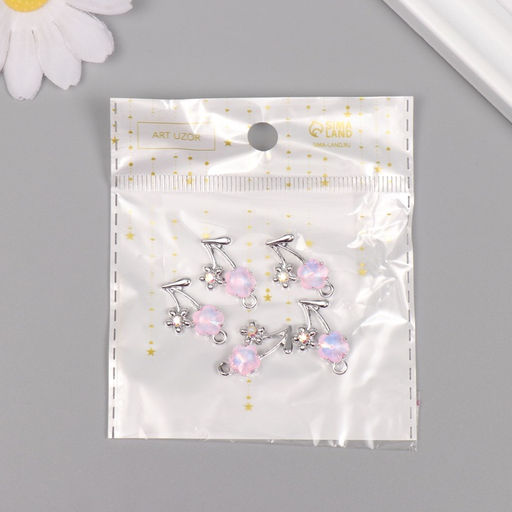 Цена за 5 шт. Декор для творчества металл, стразы «Цветочки», серебро, розовый, 2.2×1.3×0.5 см