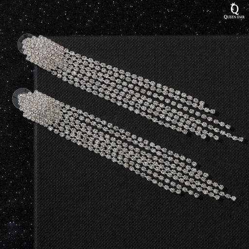 Серьги висячие со стразами Голливуд водопад нитей, белые в серебре, 11 см