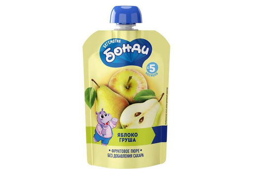 Цена за 5 шт.Бегемотик Бонди, пюре фруктовое Яблоко и груша, 90 г