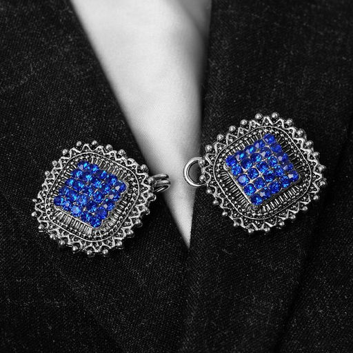 Зажим для кардигана «Квадраты», синий в чернёном серебре