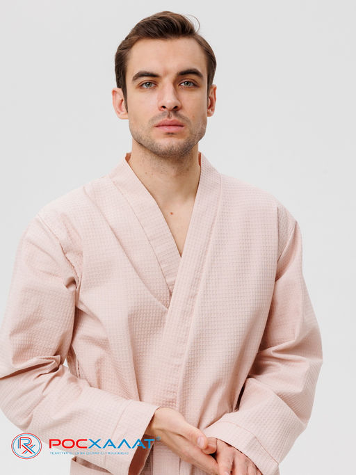 Мужской вафельный халат с планкой бежевый В-03 (31)