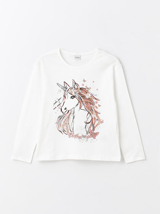 Bisiklet Yaka Bask?l? Uzun Kollu K?z ?ocuk Ti??rt