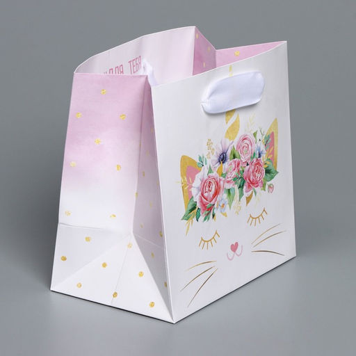 Цена за 2 шт. Пакет подарочный ламинированный квадратный, упаковка, «Кошка‒единорожка», 14 х 14 х 9 см