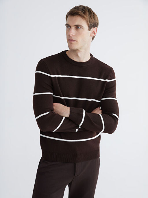 Bisiklet Yaka Uzun Kollu ?izgili Erkek Triko Kazak