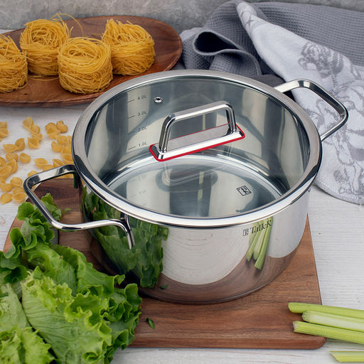 Кастрюля из нержавеющей стали Tendency 5л, д24см, h11,8см, s0,6мм, дно s2,8мм, плоская стеклянная жаропрочная крышка, пароотвод, стальной обод, капсулированное дно, прутковые ручки из нержавеющей стали на точечной сварке, полировка снаружи - зеркал - Домашняя мода фото 2