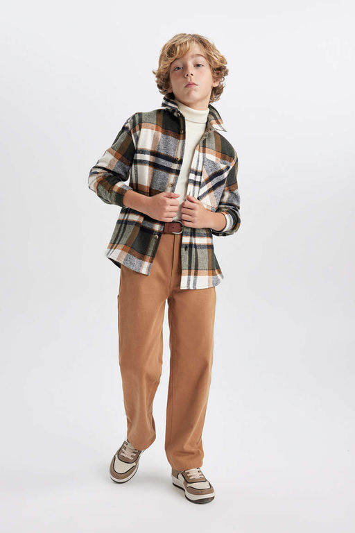 Фланелевая рубашка оверсайз для мальчика в клетку с длинными рукавами - Defacto фото 3