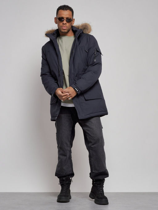 Парка мужская зимняя удлиненная с мехом темно-синего цвета 8318TS - Wonderrman фото 15