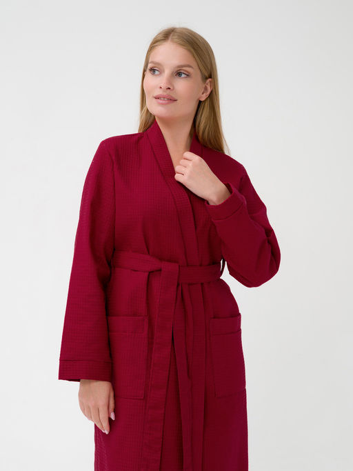 Женский вафельный халат с планкой бордовый В-02 (15)