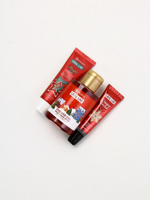 Подарочный набор новогодний: гель для душа, крем для рук, бальзам для губ, маска для сна, URAL LAB