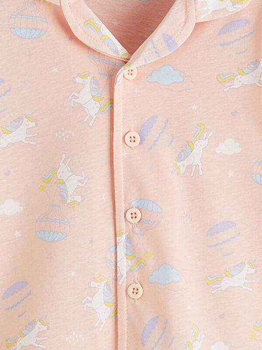 G?mlek Yaka Bask?l? K?z ?ocuk Pijama Tak?m?