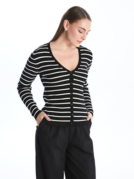 V Yaka ?izgili Uzun Kollu Kad?n Triko H?rka