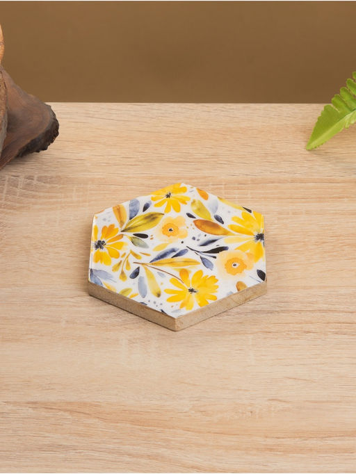 Подставка под горячее «Желтые и синие цветы», набор 4 шт., 15×13×5 см, дерево манго