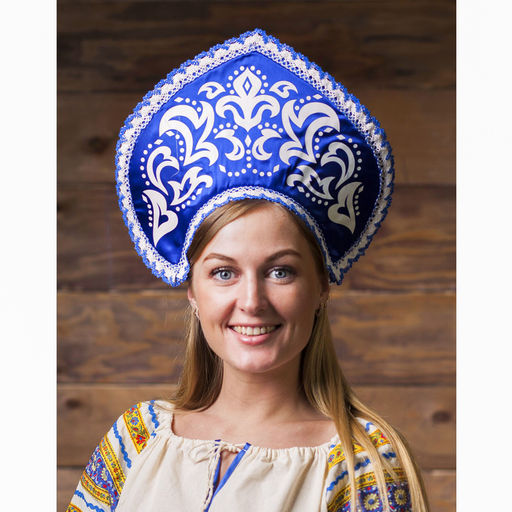 Кокошник русский народный Морозный узор, атлас, синий