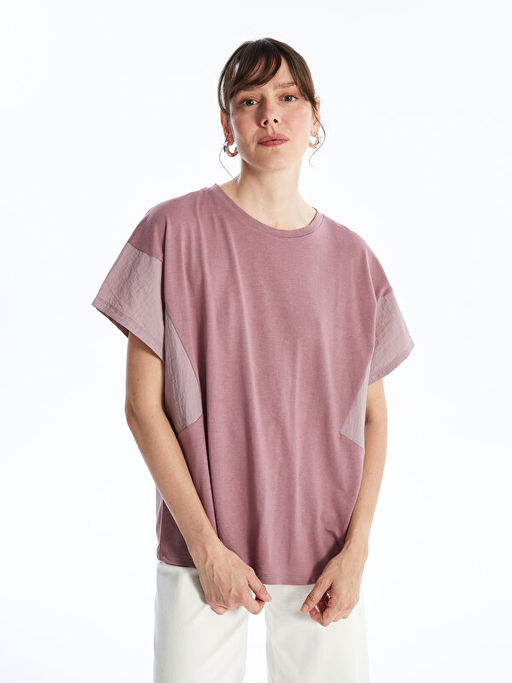 Bisiklet Yaka Renk Bloklu K?sa Kollu Oversize Kad?n Ti??rt