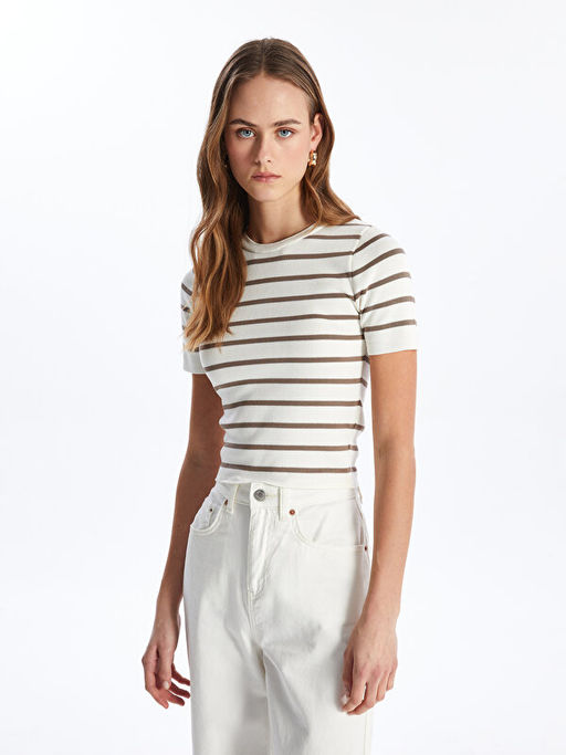 Bisiklet Yaka ?izgili K?sa Kollu Kad?n Triko Kazak