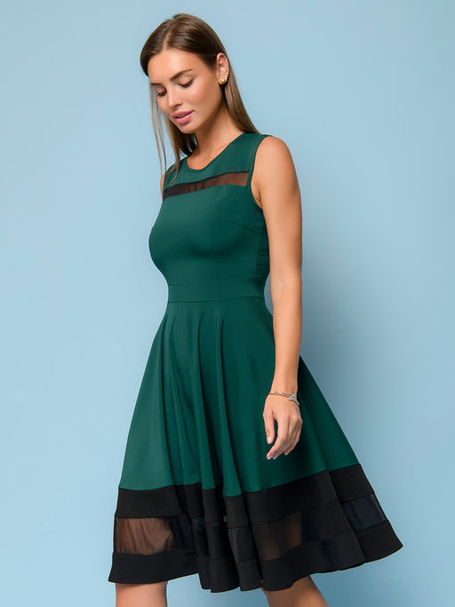 Платье изумрудного цвета без рукавов с черной отделкой - 1001dress фото 2