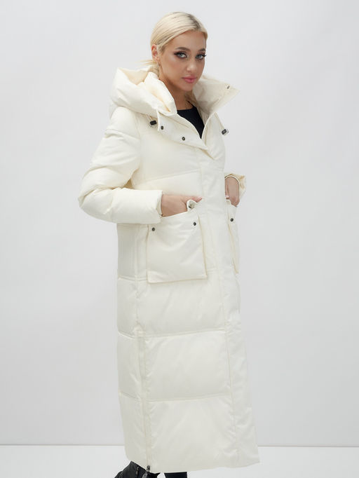 Пальто утепленное стеганное зимнее с капюшоном женское бежевого цвета 9602B - Mtforce фото 12