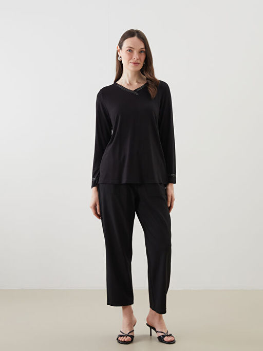 V Yaka Ta?l? Uzun Kollu Kad?n Bluz