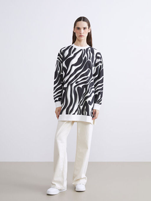 Bisiklet Yaka Desenli Kad?n Sweatshirt Tunik