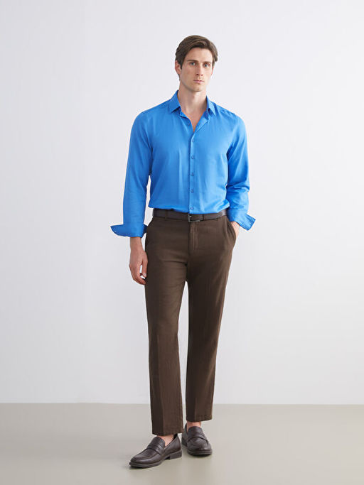 ?nden D??me Kapamal? D?z Uzun Kollu Erkek G?mlek