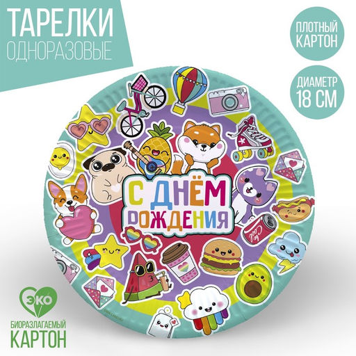 Цена за 10 шт. Тарелка бумажная С Днём Рождения,стикеры, 18 см