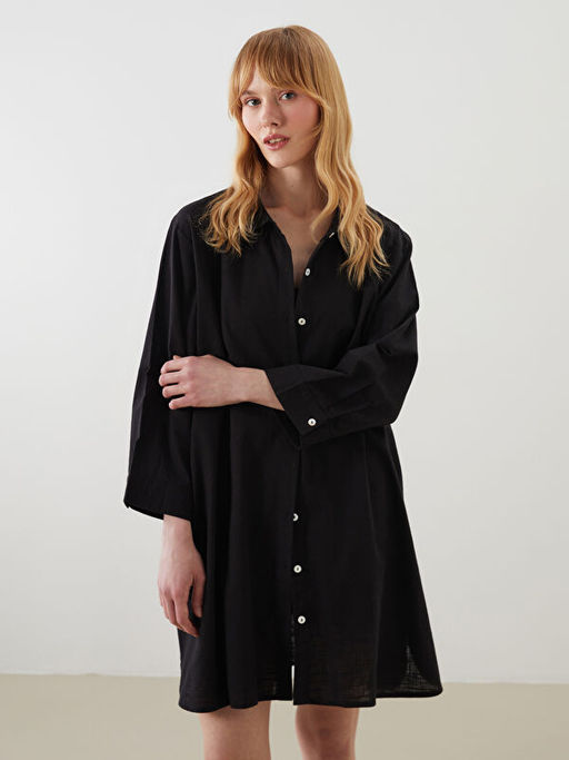 G?mlek Yaka Poplin Kad?n Plaj Elbisesi