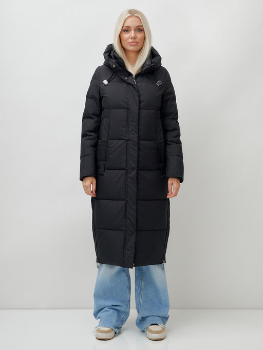 Пальто утепленное стеганное зимнее с капюшоном женское черного цвета 9608Ch