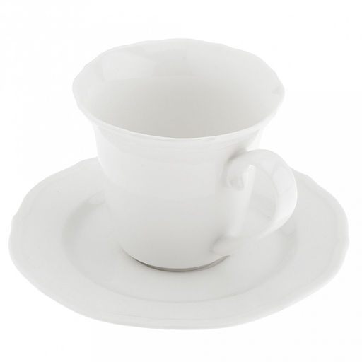 "Совершенство" Чашка фарфоровая 200мл, д8,9см h7,9см, с блюдцем д14,8см h1,5см, глянцевая глазурь, белый, рельефный декор, волнистый край (Китай)